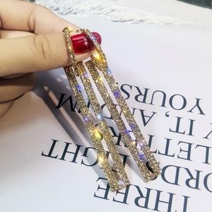 Long Drop Gold Rectangle Rhinestone Earring